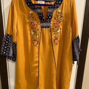 Umgee Mustard Tunic with Navy Floral Embroidery